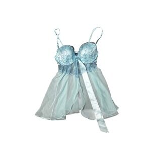 Victoria's Secret Light Blue Lace Underwire Babydoll Chemise 36C Ribbon Tie